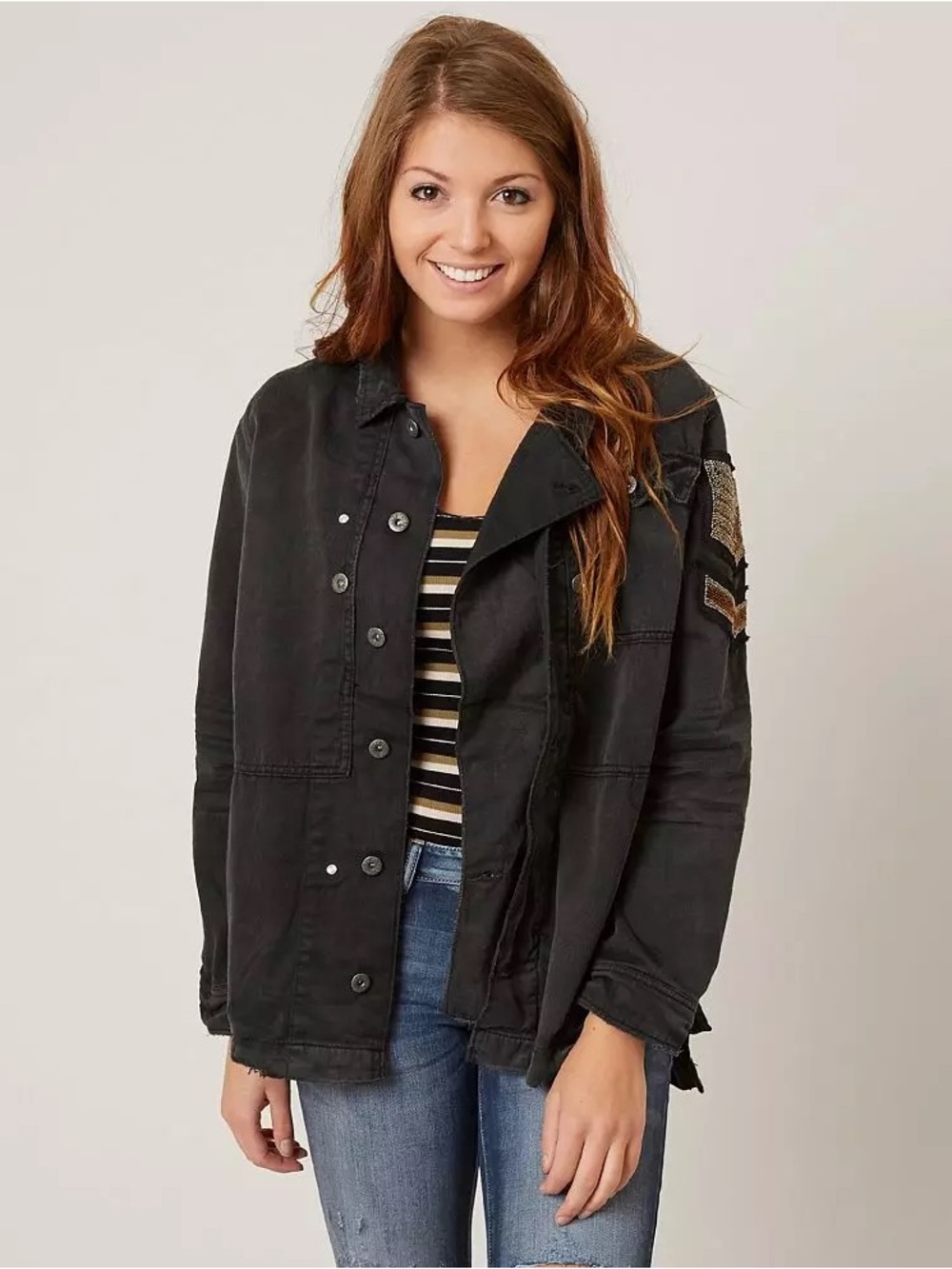 Free PeopleDark Charcoal Military Field Jacket with Sleeve Patch size XS